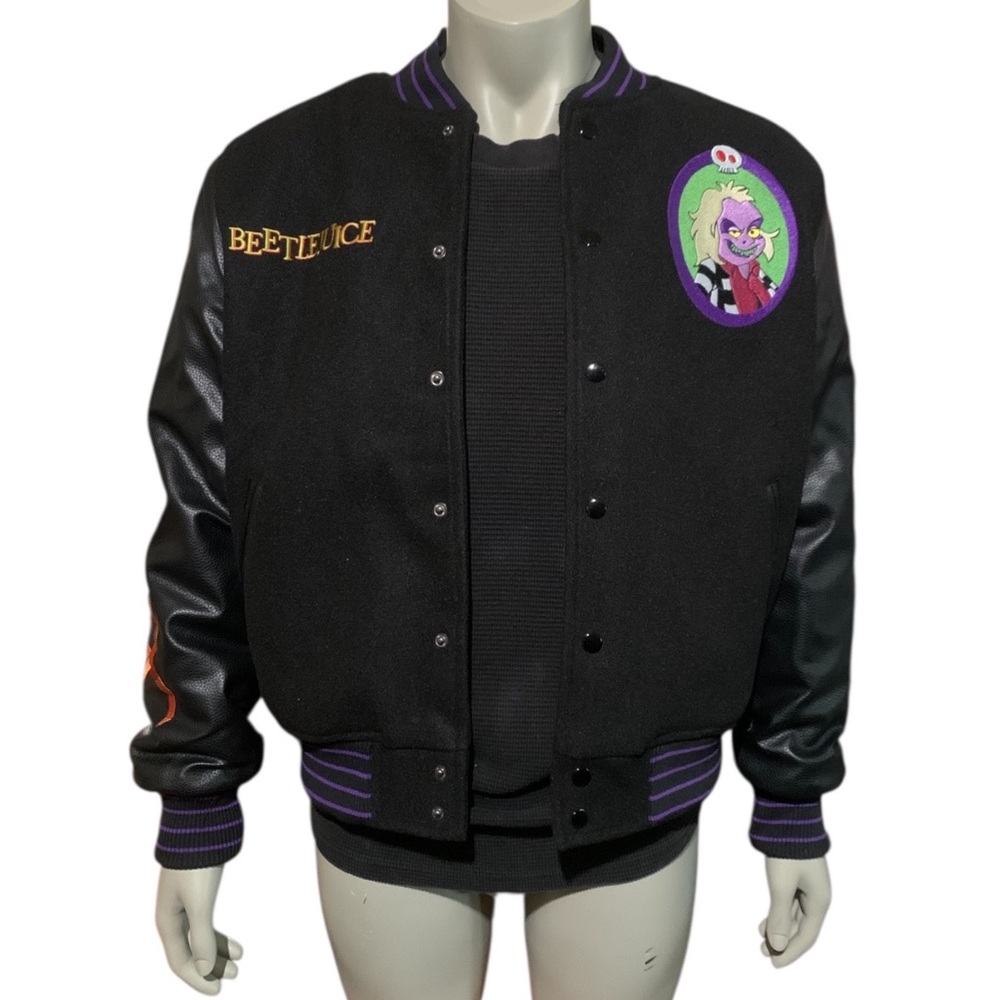 Beetlejuice Halloween Horror Haunted House Mens Varsity Embroidered Patch Jacket - Picture 7 of 11